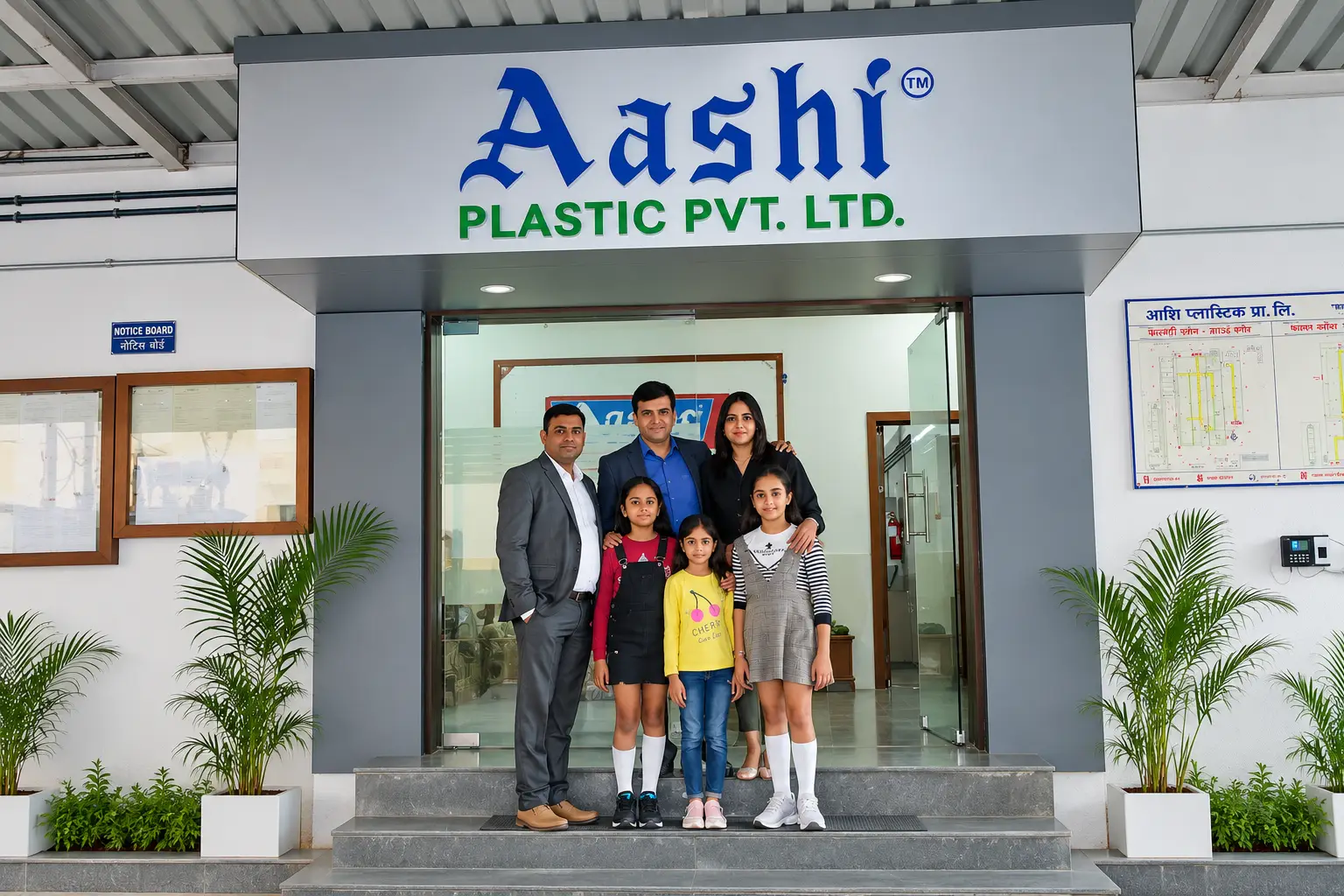 Team at the Aashi Plastic factory entrance